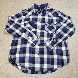 Frye Shirt Men L Blue Buffalo Plaid Jacquard Flannel Heather Night Sky Cotton